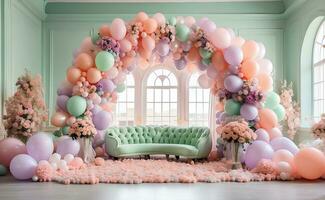 ai generiert ein Zimmer dekoriert mit enorm Luftballons Bogen. foto