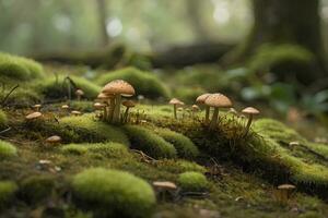 ein moosig Boden mit winzig Pilze im das Hintergrund. foto