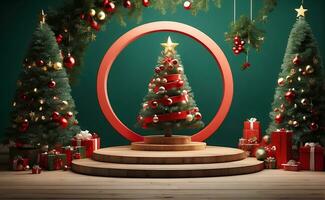 Luxus fröhlich Weihnachten Produkt Anzeige Podium mit Kiefer Baum und Dekoration. foto