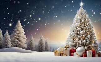 schön Weihnachten Baum mit Sterne Bälle Geschenke und Weiß Schnee. foto