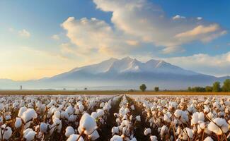 ein schön Baumwolle Feld mit flauschige Weiß Bälle. foto