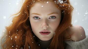 ai generiert gefroren Eleganz zauberhaft Winter Wunderland mit fallen Schneeflocken, mit ein Modell- im traumhaft Gelassenheit foto