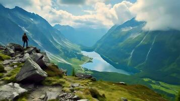 ai generiert ein Person Stehen auf ein Felsen mit Blick auf ein See und Berge foto