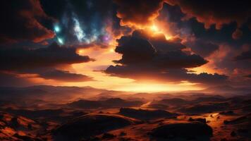 Fantasie Landschaft von feurig Planet mit glühend Sterne, Nebel, fest Wolken und fallen Asteroiden. ai generiert foto