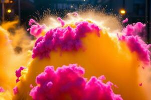 abstrakt bunt Partikel und streuen Pulver Explosion zum Urlaub Feier mögen holi Festival. ai generiert foto