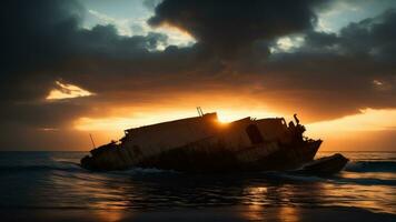 Schiffswrack Tauchen Treiber durch Tunnel unter das Ozean mit alt versenkt Schiff Trümmer unterseeisch Leben Wunder Dokumentarfilm. ai generiert foto