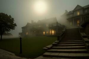 ein gespenstisch Villa beim Nacht. gespenstisch Treppe mit Nebel und ein glühend gespenstisch Erscheinung. ai generiert foto