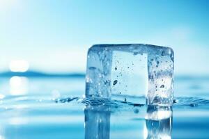 ein Eis Würfel schwebend auf oben von ein Körper von Wasser, generativ ai foto