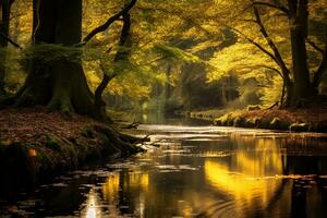 ein Fluss Laufen durch ein üppig Grün Wald, generativ ai foto