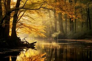 ein Fluss Laufen durch ein üppig Grün Wald, generativ ai foto