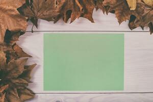 Herbst Blätter auf Weiß hölzern Hintergrund mit Kopieren Raum zum Text foto