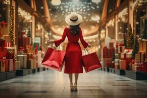 Porträt von ein schön asiatisch Frau im rot Kleid mit Einkaufen Taschen im das Einkaufen Einkaufszentrum foto