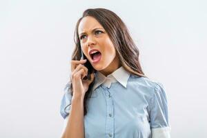 wütend Geschäftsfrau auf das Telefon schreien foto