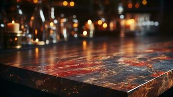 ai, ai generiert, ein dunkel, poliert Marmor Tabelle oben mit auffällig rot Venen einstellen gegen ein leise zündete Hintergrund mit Umgebungs Kerzenlicht, ausströmend Luxus und Stil foto