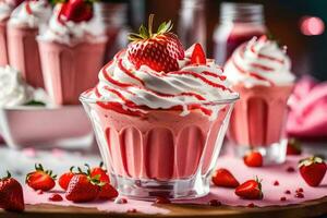 Erdbeere Milchshake mit ausgepeitscht Sahne und Erdbeeren. KI-generiert foto