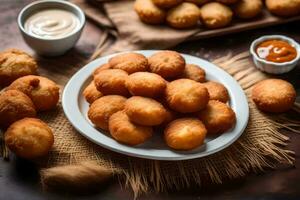 gebraten Donuts auf ein Platte. KI-generiert foto