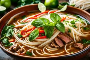 thailändisch Nudel Suppe mit Hähnchen und Gemüse. KI-generiert foto
