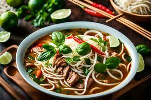 ein Schüssel von asiatisch Nudel Suppe mit Fleisch und Gemüse. KI-generiert foto