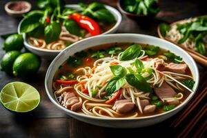 ein Schüssel von asiatisch Nudel Suppe mit Fleisch und Gemüse. KI-generiert foto