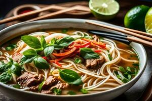 Vietnamesisch Rindfleisch Nudel Suppe. KI-generiert foto