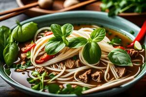 ein Schüssel von asiatisch Nudel Suppe mit Fleisch und Gemüse. KI-generiert foto
