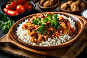 Hähnchen Curry mit Reis und Gemüse im ein hölzern Schüssel. KI-generiert foto