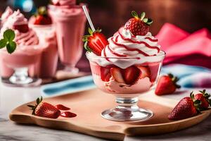 Erdbeere Eisbecher mit ausgepeitscht Sahne und Erdbeeren. KI-generiert foto