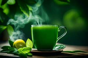 Grün Tee im ein Tasse mit Blätter und ein Zitrone. KI-generiert foto