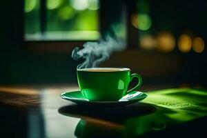 ein Tasse von Kaffee, Grün, Dampf, Kaffee, Tasse, hd Hintergrund. KI-generiert foto