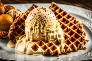 ein Waffel mit Eis Sahne und Nüsse auf ein Platte. KI-generiert foto