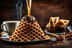 Kaffee und Waffeln auf ein hölzern Tisch. KI-generiert foto