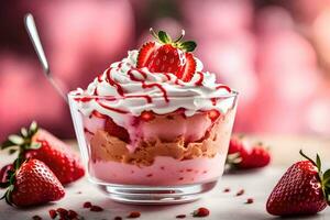 ein Dessert mit Erdbeeren und ausgepeitscht Creme. KI-generiert foto
