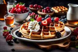 Waffeln mit Beeren und Sahne auf ein hölzern Tisch. KI-generiert foto