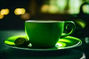 ein Grün Tasse und Untertasse auf ein Tisch. KI-generiert foto