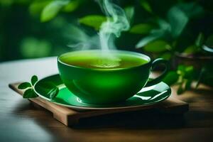 ein Tasse von Grün Tee mit ein Blatt auf das Untertasse. KI-generiert foto