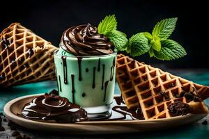 Schokolade Eis Sahne mit Waffeln und Minze auf ein dunkel Blau Hintergrund. KI-generiert foto