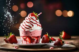 ein Erdbeere Milchshake mit ausgepeitscht Sahne und Erdbeeren. KI-generiert foto