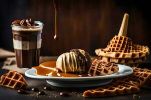 Schokolade Eis Creme, Waffeln und Kaffee auf ein dunkel Hintergrund. KI-generiert foto