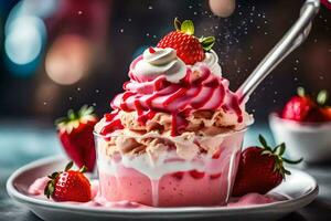 ein Erdbeere Eisbecher mit ausgepeitscht Sahne und Erdbeeren. KI-generiert foto