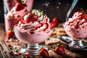 zwei Schalen von Eis Sahne mit Erdbeeren und ausgepeitscht Creme. KI-generiert foto