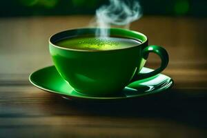 ein Tasse von Grün Tee mit Dampf auf ein hölzern Tisch. KI-generiert foto