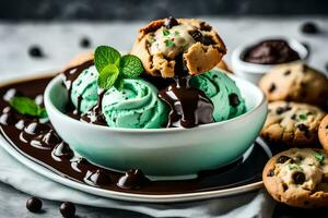 Schokolade Chip Plätzchen Teig Eis Sahne mit Minze Schokolade Chip Kekse im das Hintergrund. KI-generiert foto