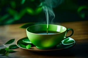 Grün Tee im ein Tasse auf ein hölzern Tisch. KI-generiert foto