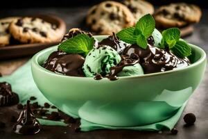 Schokolade Eis Sahne mit Minze Blätter im ein Schüssel. KI-generiert foto