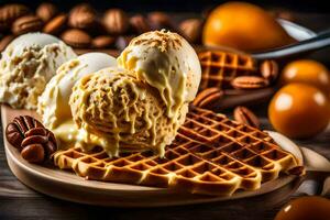 Birne Eis Sahne mit Waffel und Walnüsse auf ein hölzern Tisch. KI-generiert foto