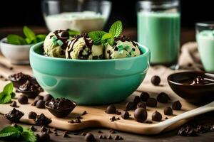 Schokolade Minze Eis Sahne im ein Schüssel mit Minze Blätter und Schokolade Chips. KI-generiert foto