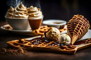 ein Waffel mit Eis Sahne und Schokolade Soße. KI-generiert foto