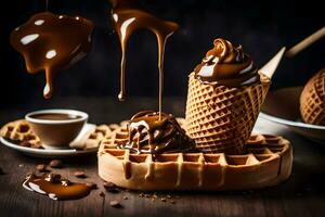 Schokolade Sirup tropft von ein Waffel Kegel auf ein hölzern Tisch. KI-generiert foto