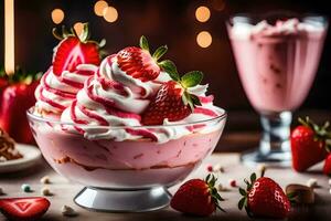 Erdbeere Käsekuchen Dessert mit ausgepeitscht Sahne und Erdbeeren. KI-generiert foto