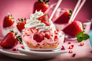 Eis Sahne mit Erdbeeren und ausgepeitscht Creme. KI-generiert foto